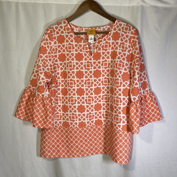 ruby rd Tops - RUBY RD orange white geometric 3/4 flared sleeve woven keyhole top 12